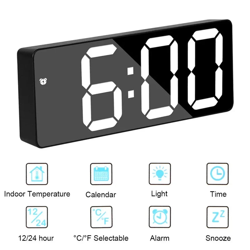 Desktop Clock With Temperature Display Multifunctional LED Mirror Table Adjustable Brightness 12/24 Hours USB Alarm Clock  Deco