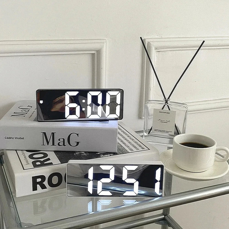 Desktop Clock With Temperature Display Multifunctional LED Mirror Table Adjustable Brightness 12/24 Hours USB Alarm Clock  Deco