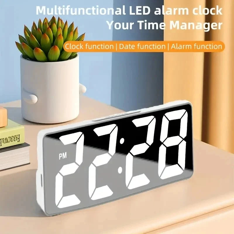Desktop Clock With Temperature Display Multifunctional LED Mirror Table Adjustable Brightness 12/24 Hours USB Alarm Clock  Deco