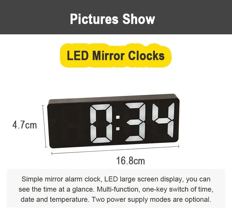 Desktop Clock With Temperature Display Multifunctional LED Mirror Table Adjustable Brightness 12/24 Hours USB Alarm Clock  Deco