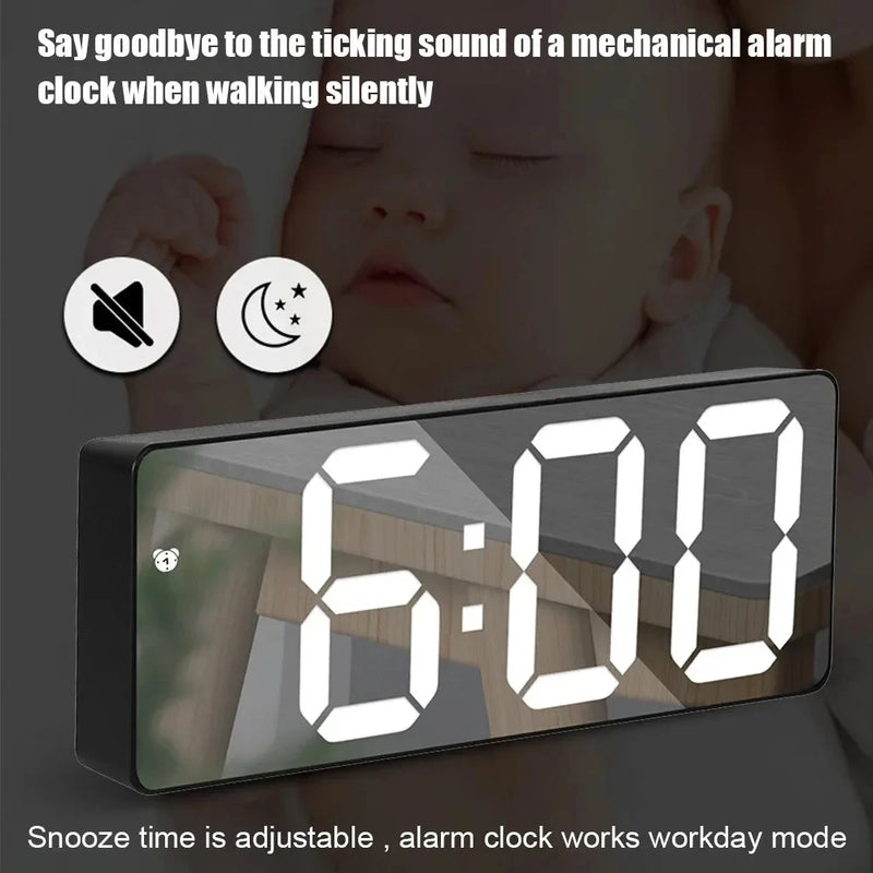 Desktop Clock With Temperature Display Multifunctional LED Mirror Table Adjustable Brightness 12/24 Hours USB Alarm Clock  Deco