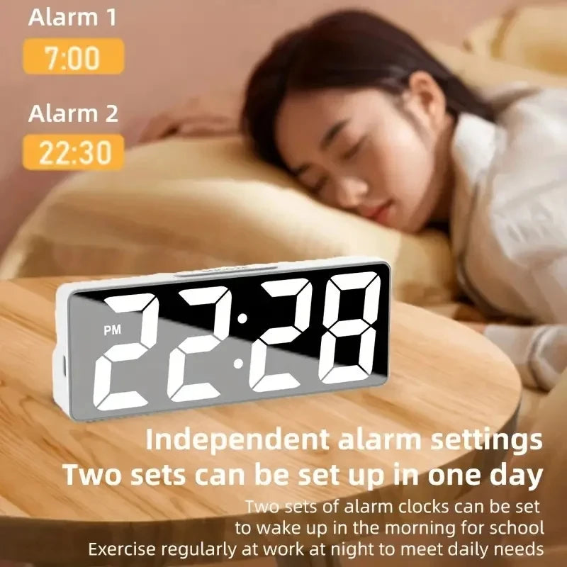 Desktop Clock With Temperature Display Multifunctional LED Mirror Table Adjustable Brightness 12/24 Hours USB Alarm Clock  Deco